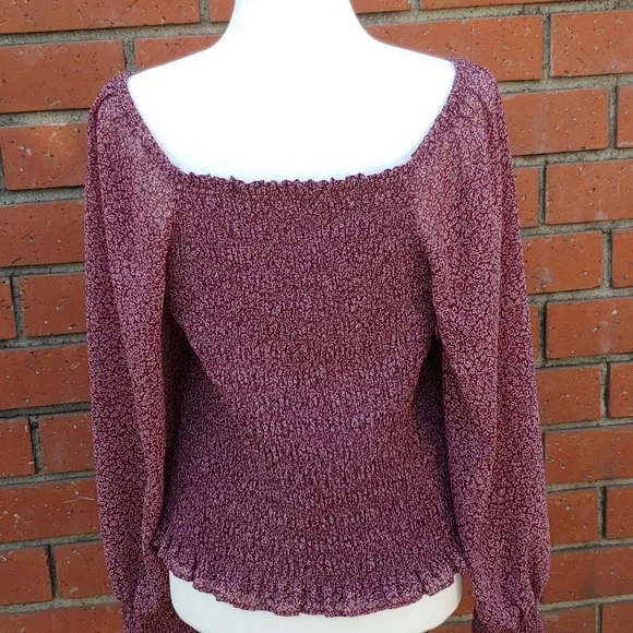Madewell Smocked Women's Peasant Chiffon Top in Burgundy size Large - Picture 6 of 14